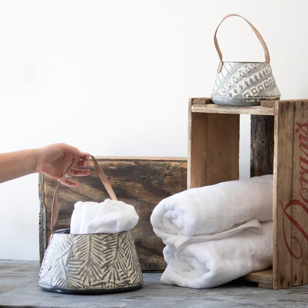 Set Of 2 Rustic Whitewashed Pattern Galvanized Metal Decorative Storage Baskets With Faux Leather Handles Foreside Home And Garden