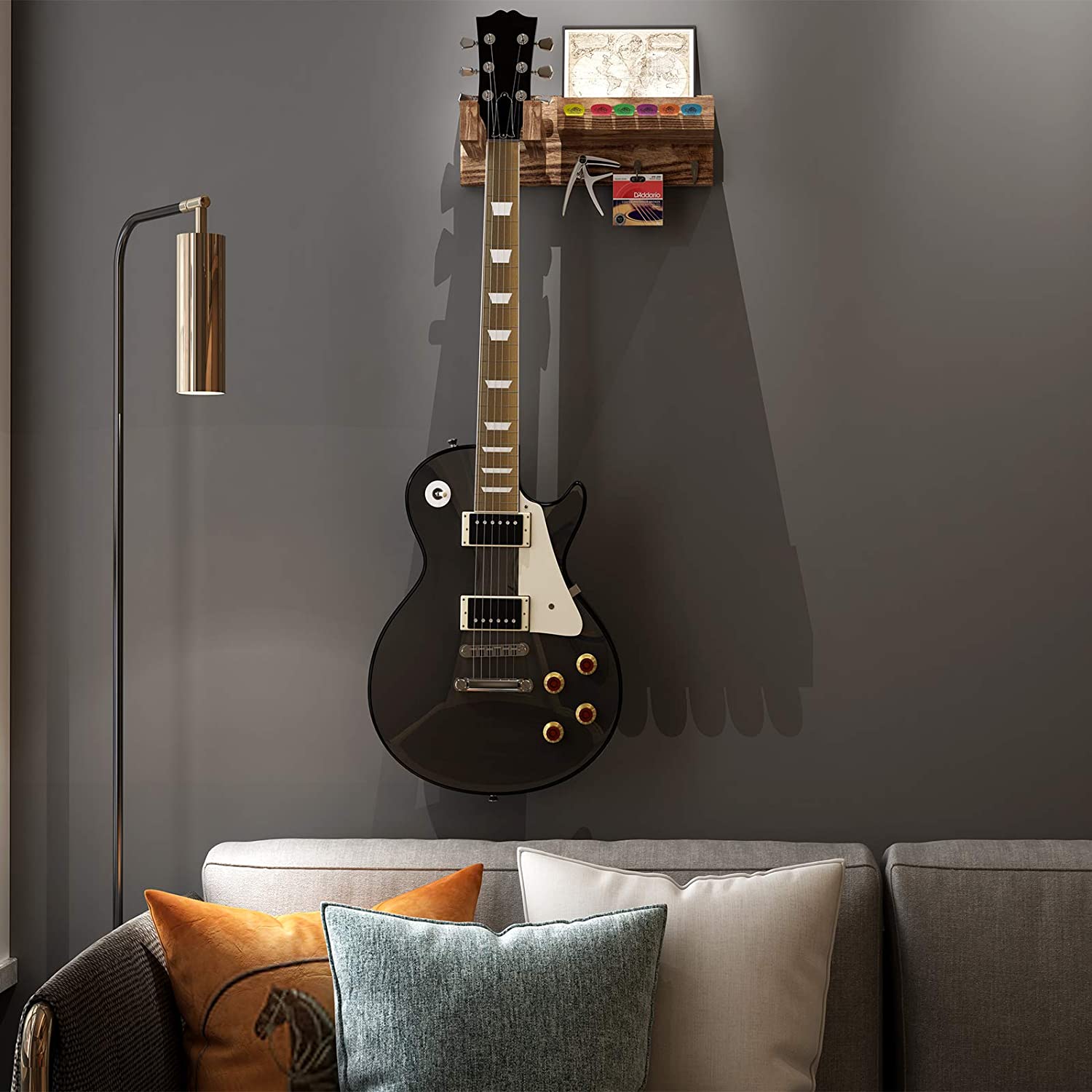 WELLAND Guitar Wood Wall Hanger with Storage Shelf， Hanging Rack for Electric Guitar， Acoustic Guitar， Bass Guitar， Guitar Accessories