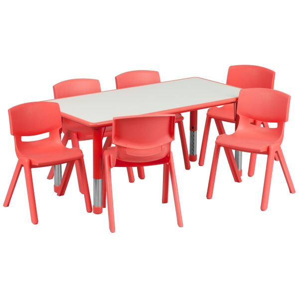 Flash Furniture 23.625''W x 47.25''L Adjustable Rectangular Red Plastic Activity Table Set with 6 School Stack Chairs