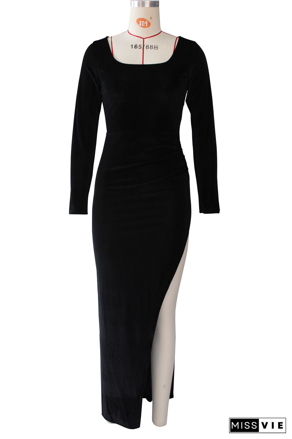 Velvet Long Sleeve High Slit Evening Dress