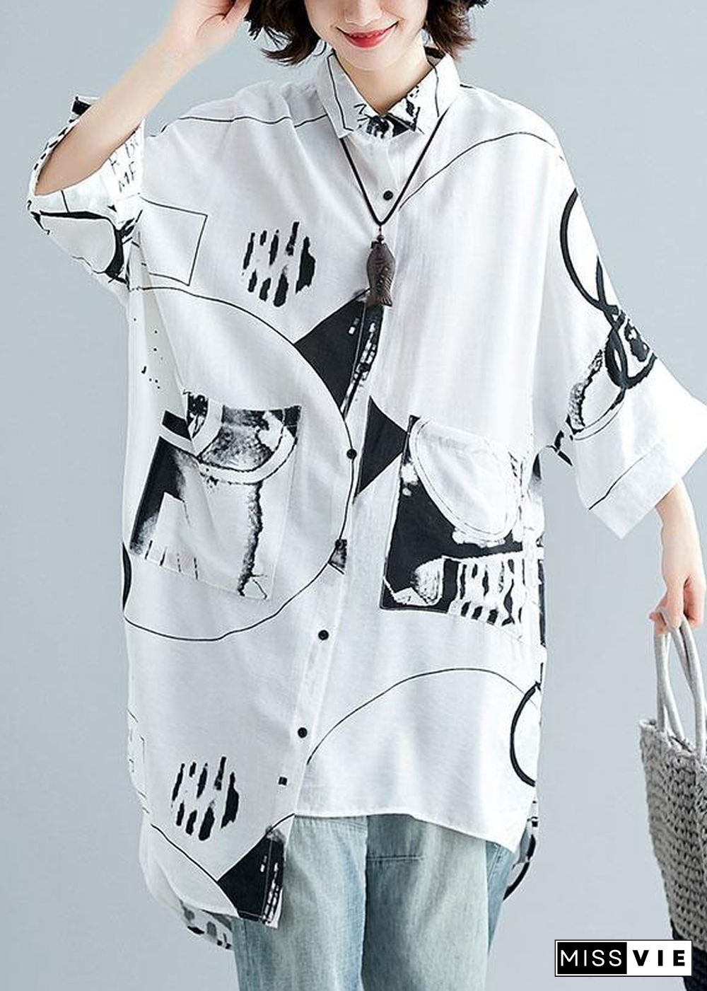 Italian asymmetric hem cotton linen tops women blouses Neckline white prints shirt summer