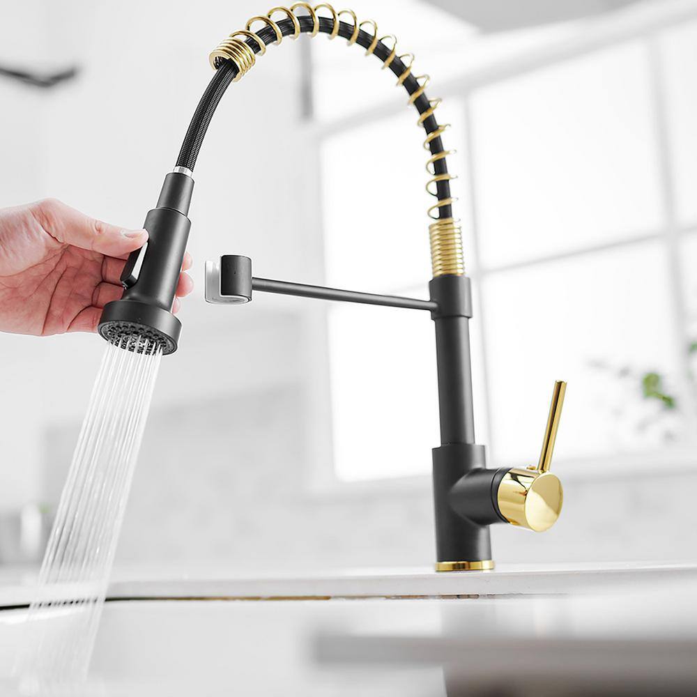 matrix decor Single Handle Pull Down Sprayer Kitchen Faucet with Advanced Spray in Black and Gold MD-AL189BG45