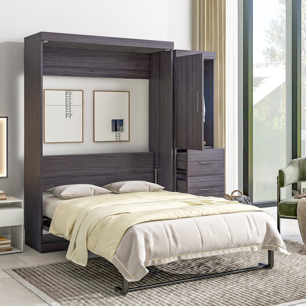 Murphy Bed with Wardrobe and 3 Storage Drawers  Pine Wood Multifunctional Storage Wall Bed  Can be Folded into A Cabinet