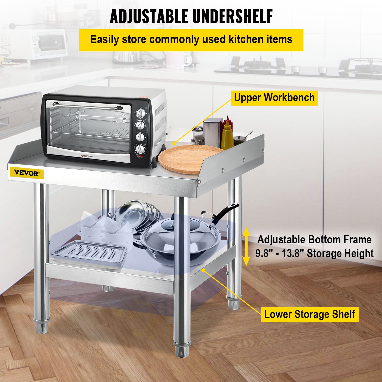 VEVOR Stainless Steel Table， 24 x 24 Inch， Heavy Duty Prep and Work Metal Workbench with Adjustable Storage Under Shelf and Table Feet， Commercial Equipment Stand for Hotel， Restaurant and Home Kitchen