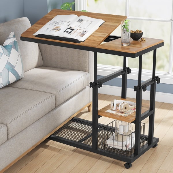 Height Adjustable C Table， Sofa Side Tables， Mobile End Table with Storage Shelves