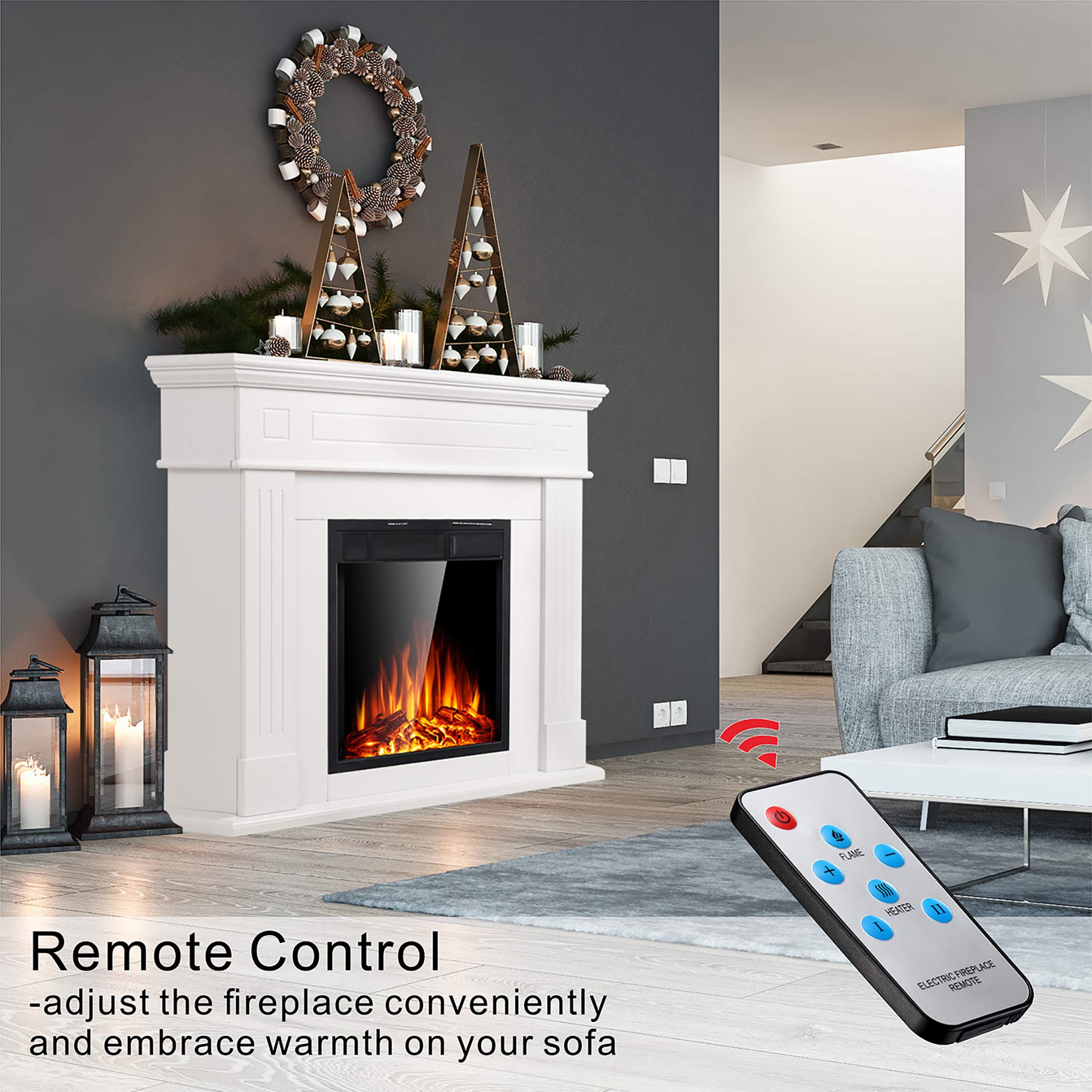 R.W.FLAME Electric Fireplace Mantel Package Wooden Surround Firebox TV Stand Free Standing Electric Fireplace Heater with Logs, Adjustable Led Flame, Remote Control, 750W-1500W, Lvory White