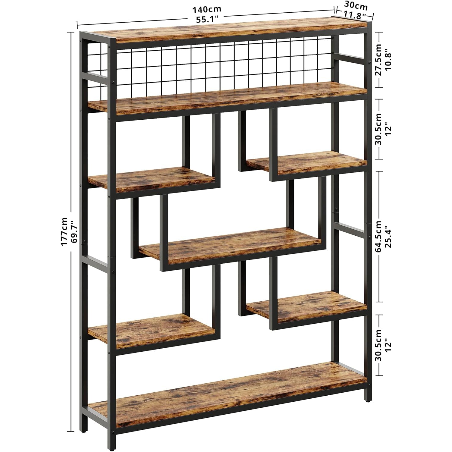 Bookshelves and Bookcases 6-Shelf 55-Inch Industrial Open Display Shelf with Sturdy Metal Frame, Vintage Brown