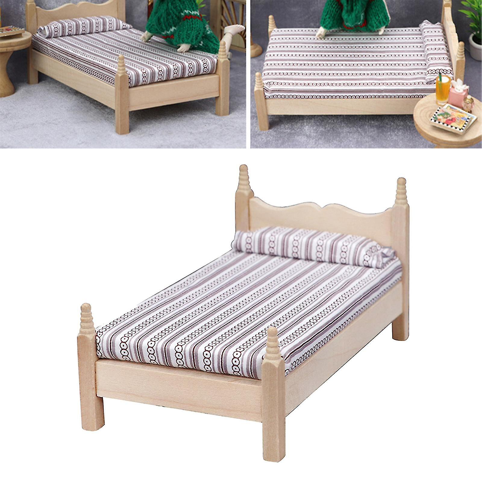 Doll House Miniature Bed Wooden Pretend Play Toy