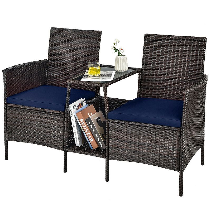 Patio Rattan Wicker Conversation Loveseat with attached coffee table