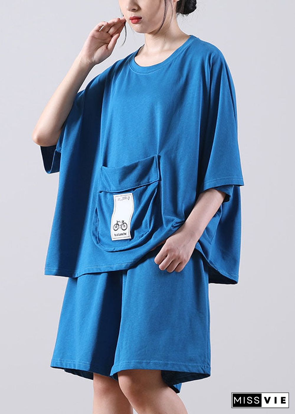 Chic Blue O-Neck Oversized Pocket Applique Cotton Tops And Shorts Two Pieces Set Summer