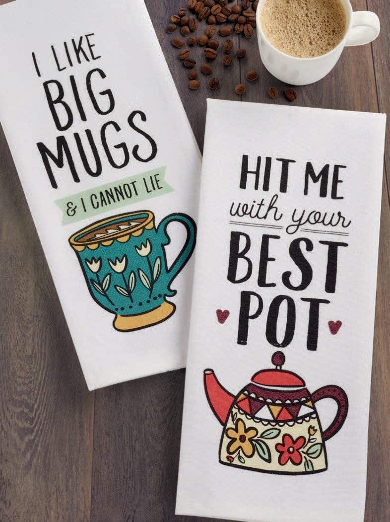 Coffee Love Text Printed 18 x 28 in. Jacquard Hanging Dishtowel， Fast Drying Soft Absorbent Cotton Kitchen Dishcloth， Woven Pattern Design Table Linens House Warming Gift 2 Pc Set - Mug and Teapot