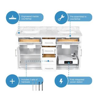 OVE Decors Athea 60 in. W Bath Vanity in White with Engineered Stone Vanity Top in White with White Basins and Power Bar 5VVAR-ATHE60-0