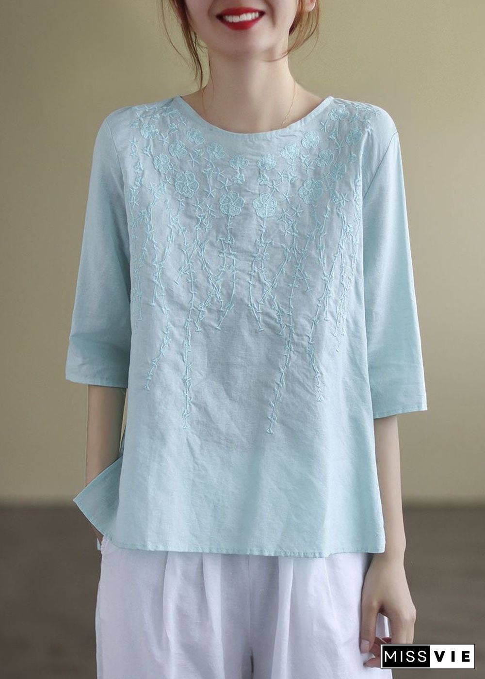 French Print3 O-Neck Embroideried Cotton Blouses Half Sleeve