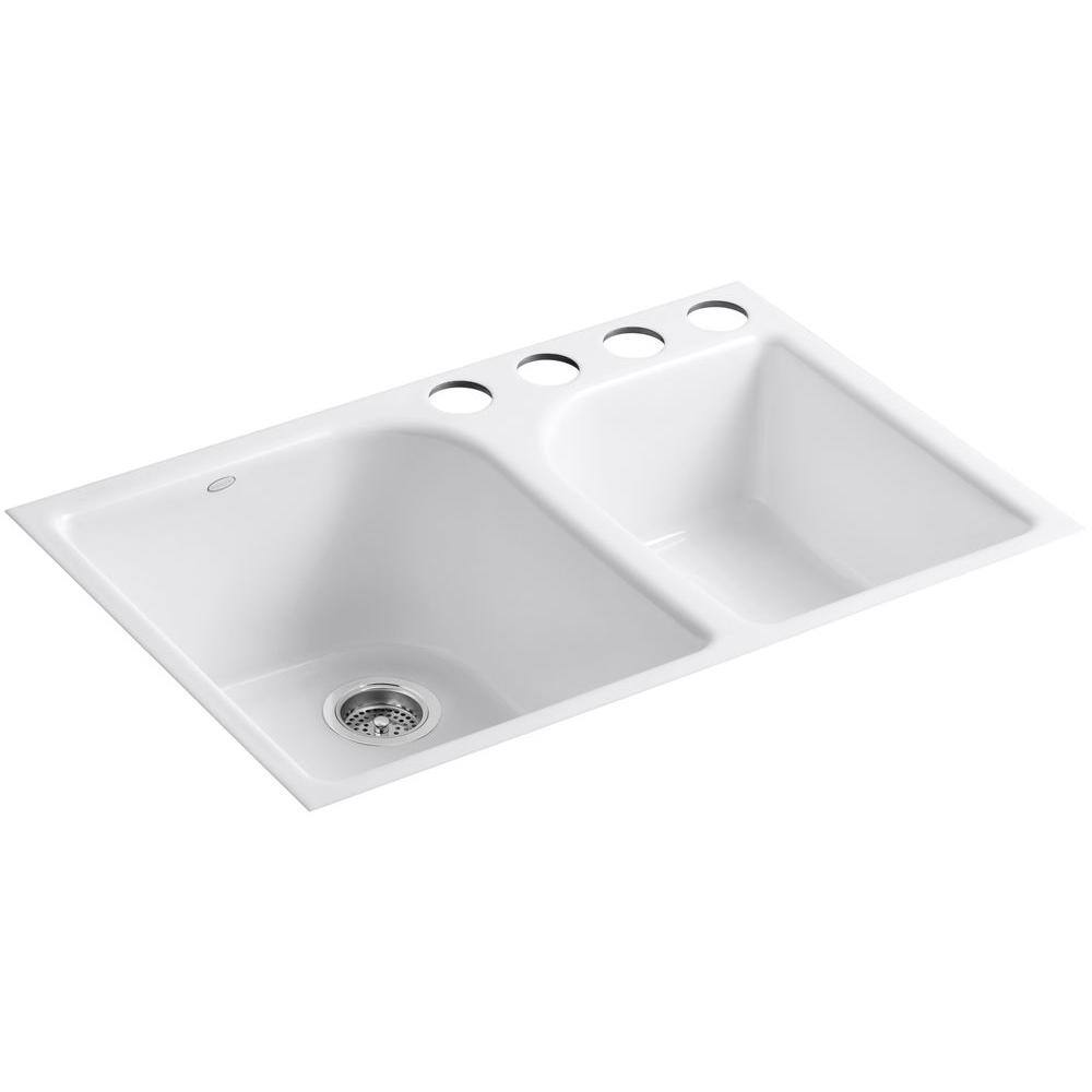 KOHLER Executive Chef Undermount Cast Iron 33 in. 4-Hole Double Basin Kitchen Sink in White with Basin Rack K-5931-4U-0-6001-ST