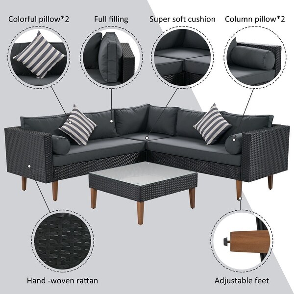 Elegant 4pieces Outdoor Wicker Sofa Set，Patio Furniture with Colorful Pillows，Lshape sofa set，Black cushions and Brown Rattan