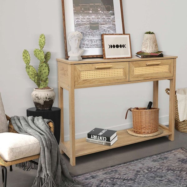 Rattan Design Console Table with 2 Drawers