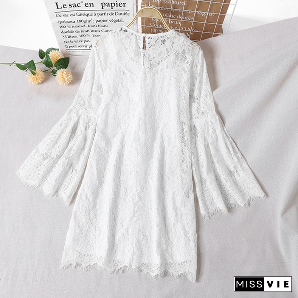 Womens Summer Long Sleeve Lace Crochet Flared Sleeve O-Neck Mini A-Line Dress