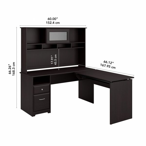 Bush Furniture Cabot 60W 3 Position L Shaped Sit to Stand Desk with Hutch in Espresso Oak