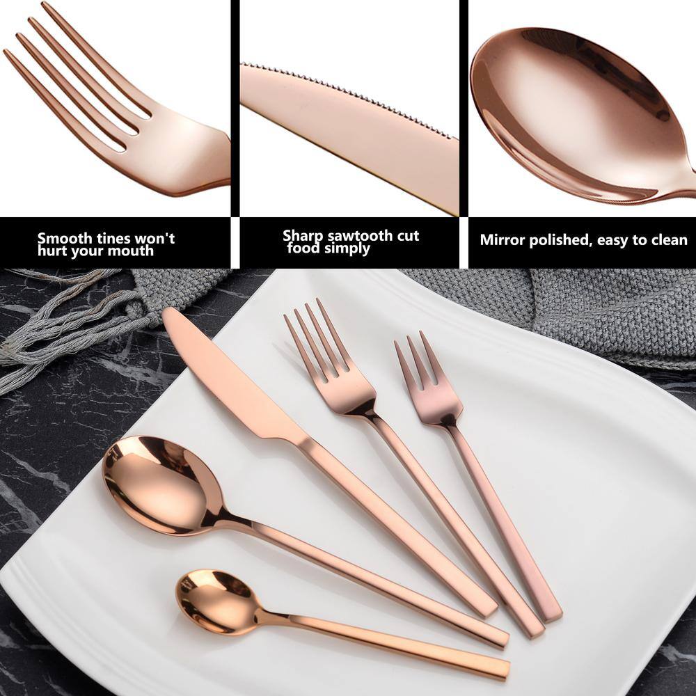 Velaze 30-Piece 188 Rose Gold Flatware Set Stainless Steel Eating Utensils Set Knife Fork Spoon Set (Service for 6) VLZ-FW-E30R