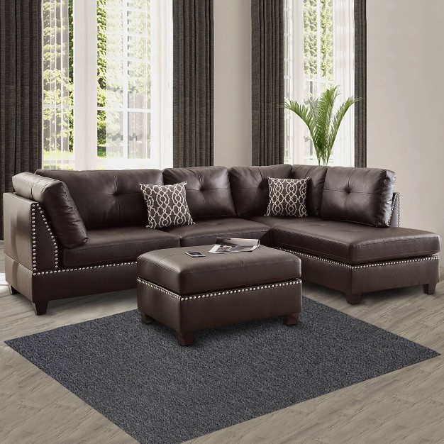 3pc Plushed Bonded Leather Sectional Set Brown Benzara