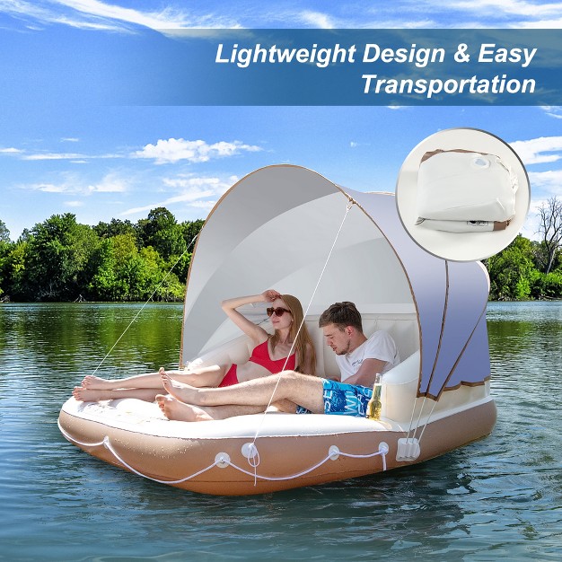 Costway Floating Island Inflatable Swimming Pool Float Lounge Raft With Canopy Spf50 Retractable Detachable Sunshade With Two Cup Holders White