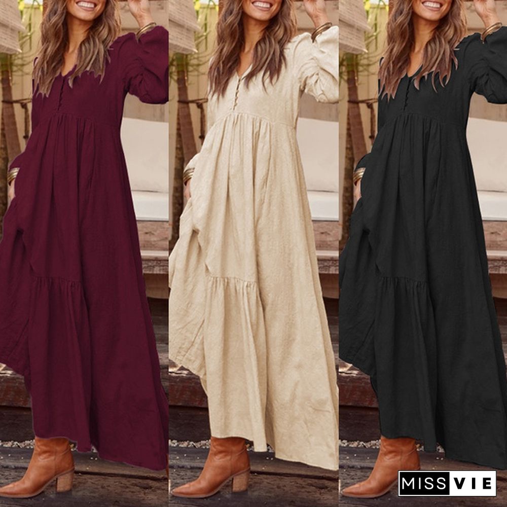 Zanzea Women Summer Long Maxi Dress Tiered V Neck Cotton Plus Size Ladies Dress