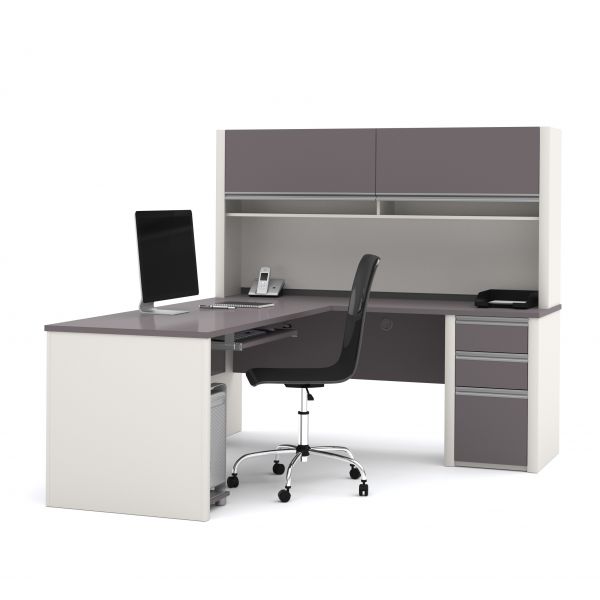 Bestar Connexion L-shaped workstation with hutch in Slate and Sandstone