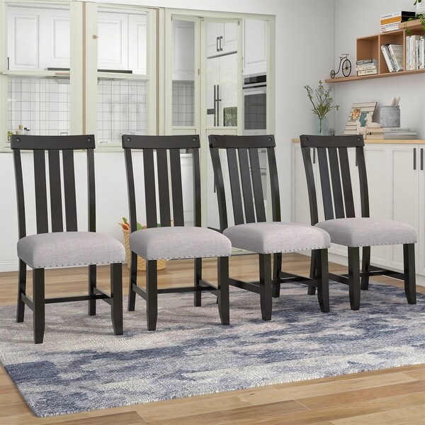 4 PCS Fabric Upholstered Dining Chairs Nail Solid Wood Legs Espresso