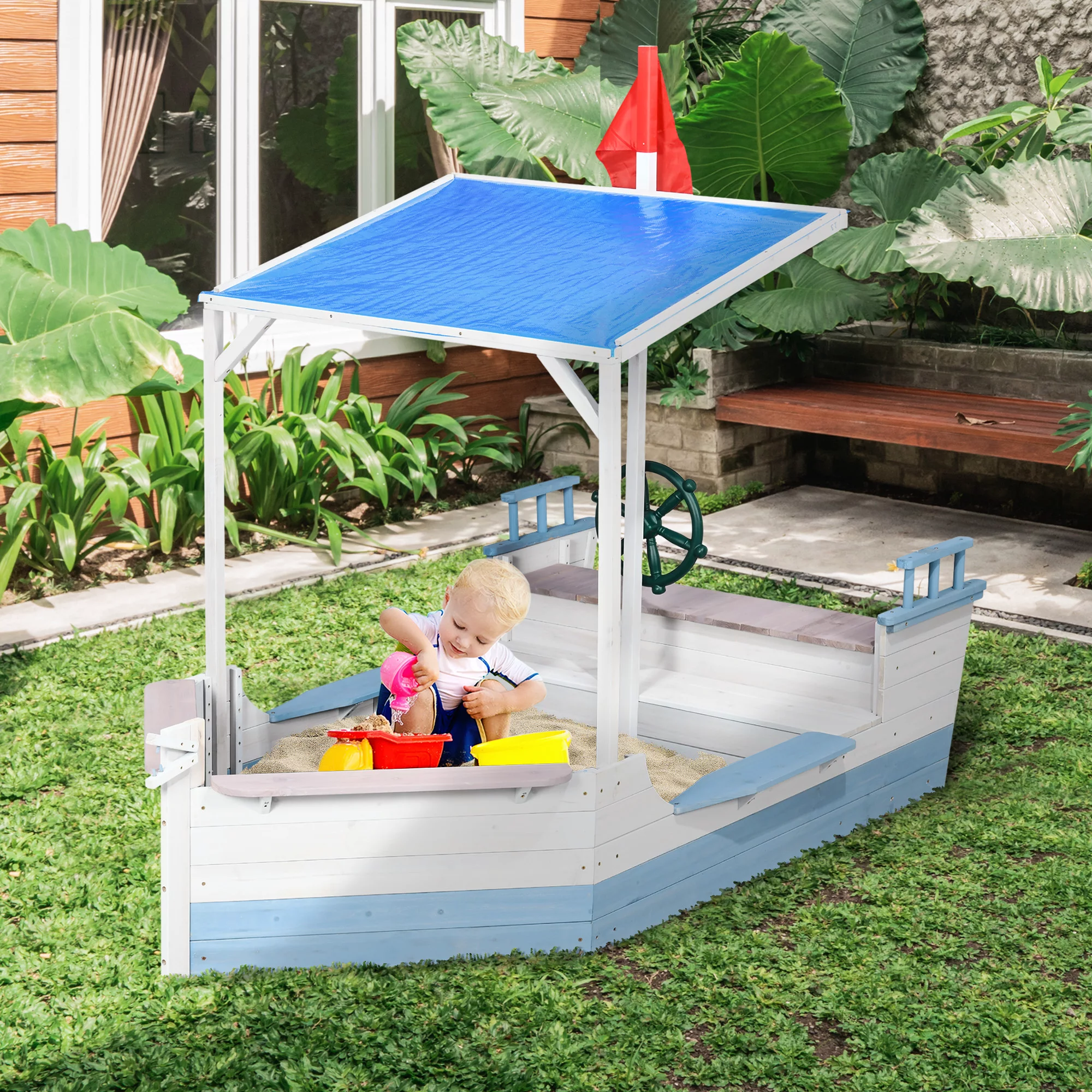 Outsunny Kids Sandbox with Canopy， Wooden Sandbox Backyard Toy， Pirate Ship Sandbox for Up to 4 Kids， Outdoor Activity Boat Toy， 82.75 x 43.25， Blue