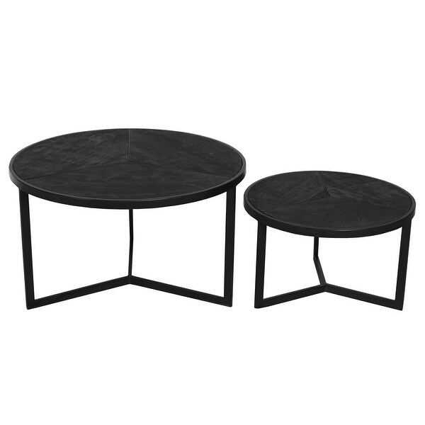 28， 20 Inch Round Nesting Coffee Table Set Of 2， Handcrafted Mango Wood Charcoal Gray Top， Black Iron Base