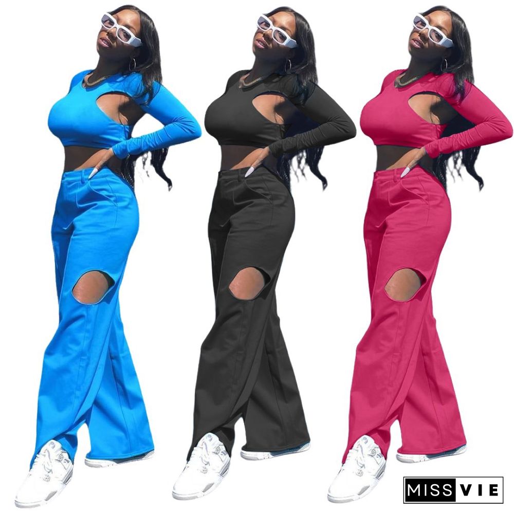 Casual Solid Hollow Out O Neck Long Sleeve Crop Top Wide Leg Pants Streetwear Women Two Piece Set