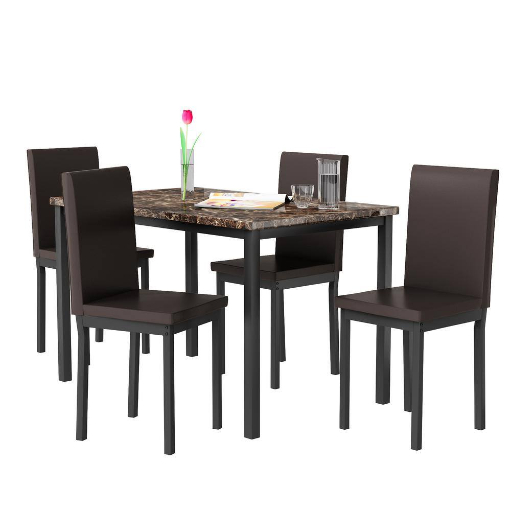 mieres 5-Piece Rectangular Brown Wood Faux Marble Top Dining Table Set with 4 Upholstered PU Leather Dining Chairs QTW36835415