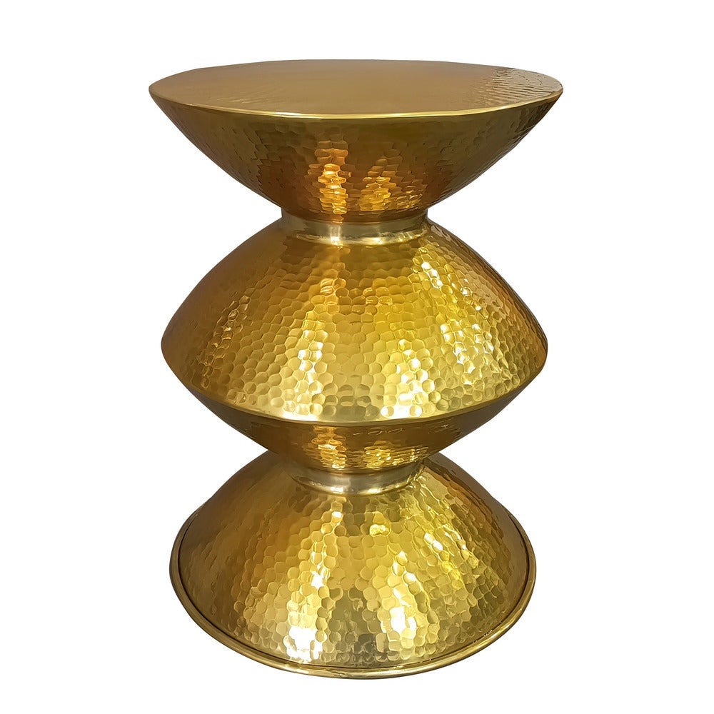 21 Inch Round Aluminum Side End Table， Hammered Embossed Metal Surface， Turned Pedestal Base， Gold - 14.5 L x 14.5 W x 20.5 H