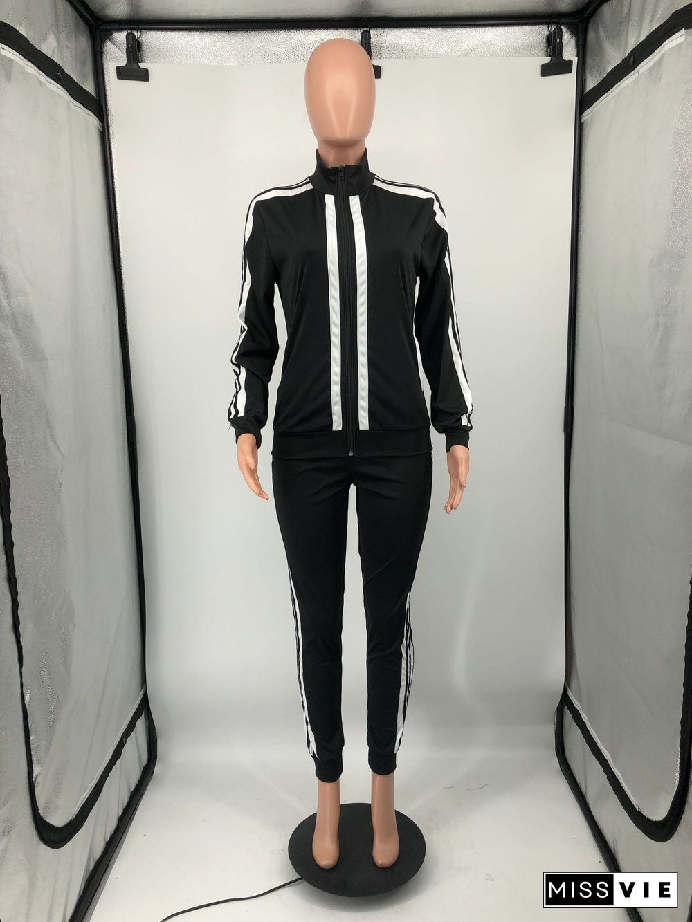 Side Striped Zip Sporty Jacket Two Piece Pants Set