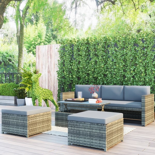 4-piece Outdoor Backyard Patio Rattan Sofa Set， All-weather PE Wicker Sectional Furniture Set with Retractable Table， Gray - Overstock - 37254150