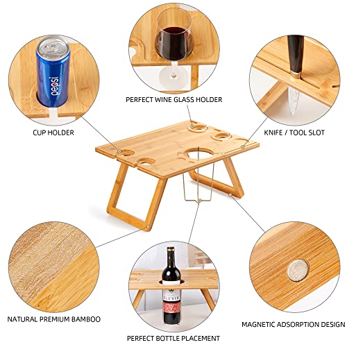 Portable Bamboo Wine Picnic Table， Foldable Outdoor Picnic Table， Snack Table， Date Idea Table， Wine Picnic Table with Bottle and Glass Holder， Lightweight Portable Picnic Table， Bed Breakfast Table