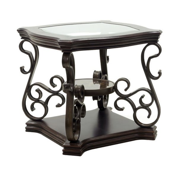 End table， Glass table top， MDF W/marble paper middle shelf， powder coat finish metal legs