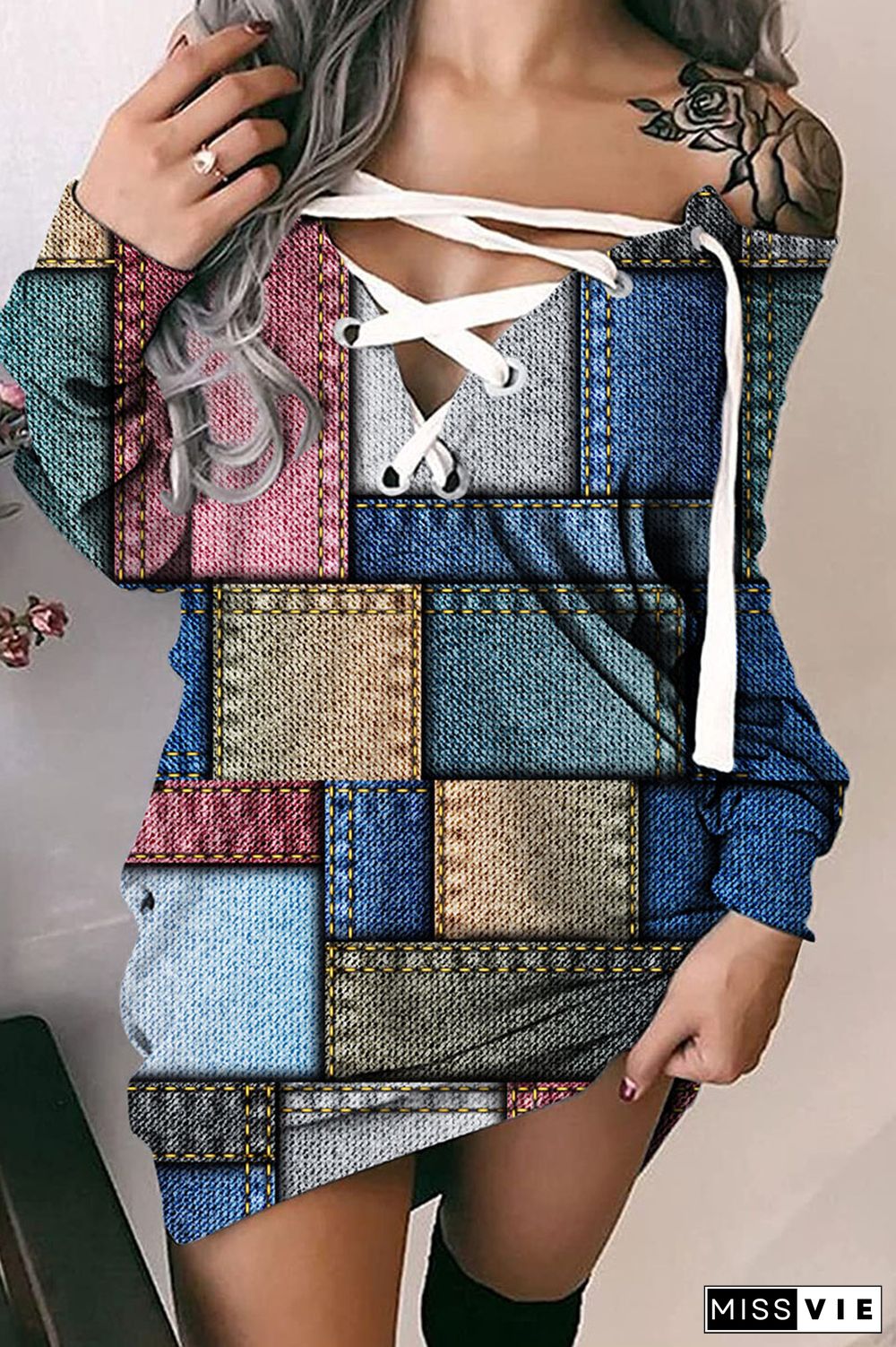 Colour Casual Street Print Bandage Patchwork V Neck Dresses