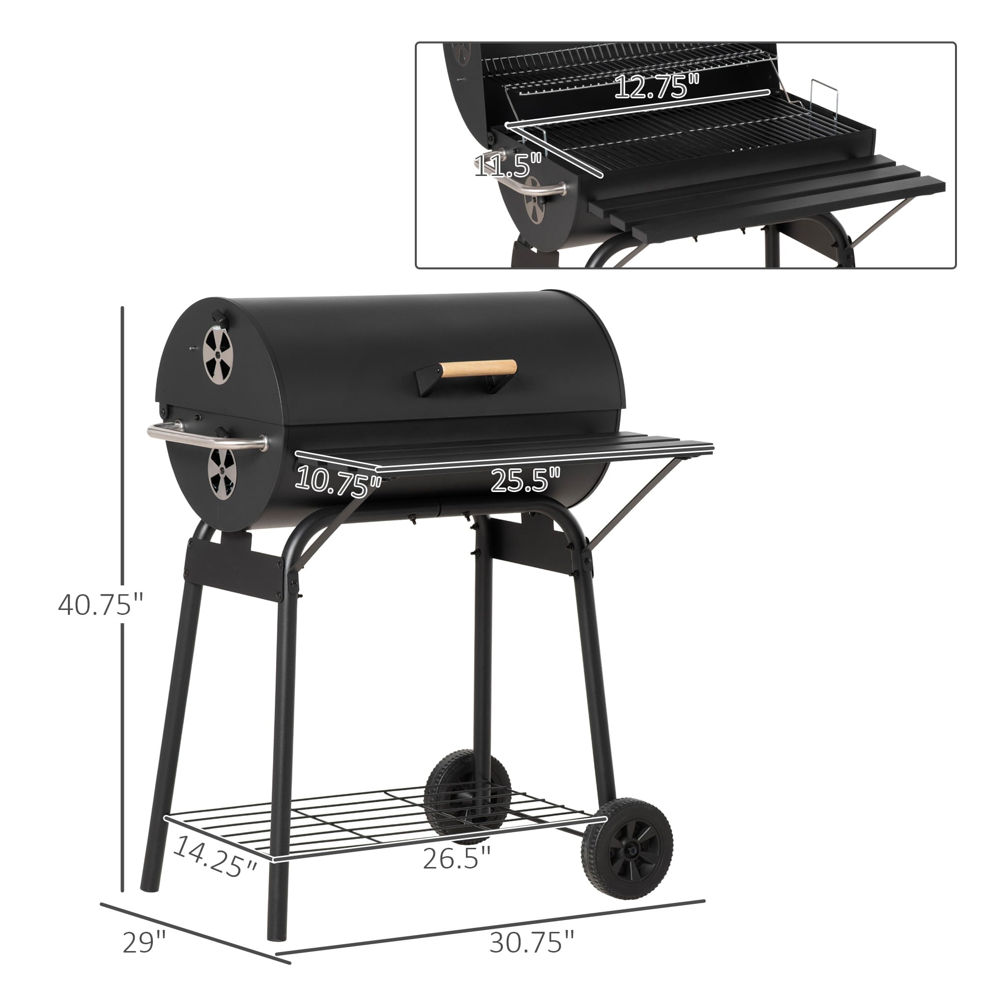 Outsunny 30" Portable Charcoal BBQ Grill Carbon Steel Outdoor Barbecue with Adjustable Charcoal Rack, Storage Shelf, Wheel, for Garden Camping Picnic