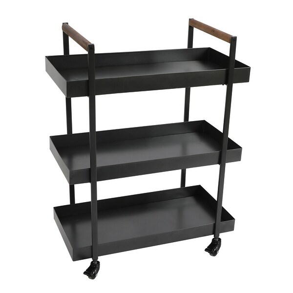 3 Tier Bar Cart with Tray Shelves， Metal Frame， and Raised Edges， Black