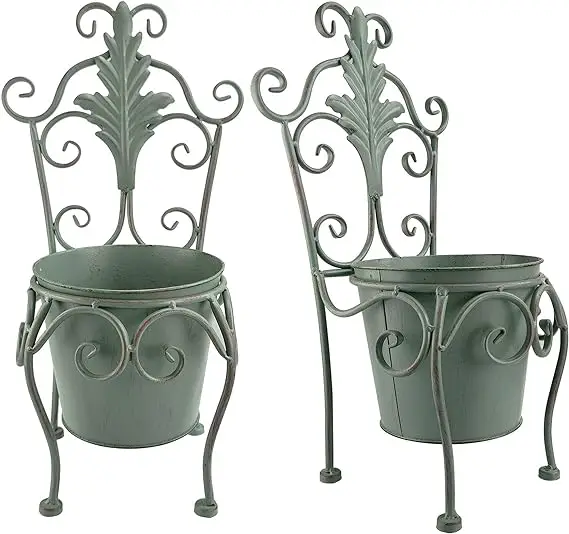 Flower Pot Wrought Iron Retro Chair Style Plant Bucket Stand Creative Decorated Garden Patio Terrace