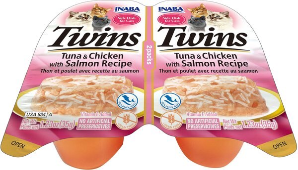 Inaba Twins Tuna and Chicken with Salmon Recipe Grain-Free Cat Food Topper， 1.23-oz， pack of 2