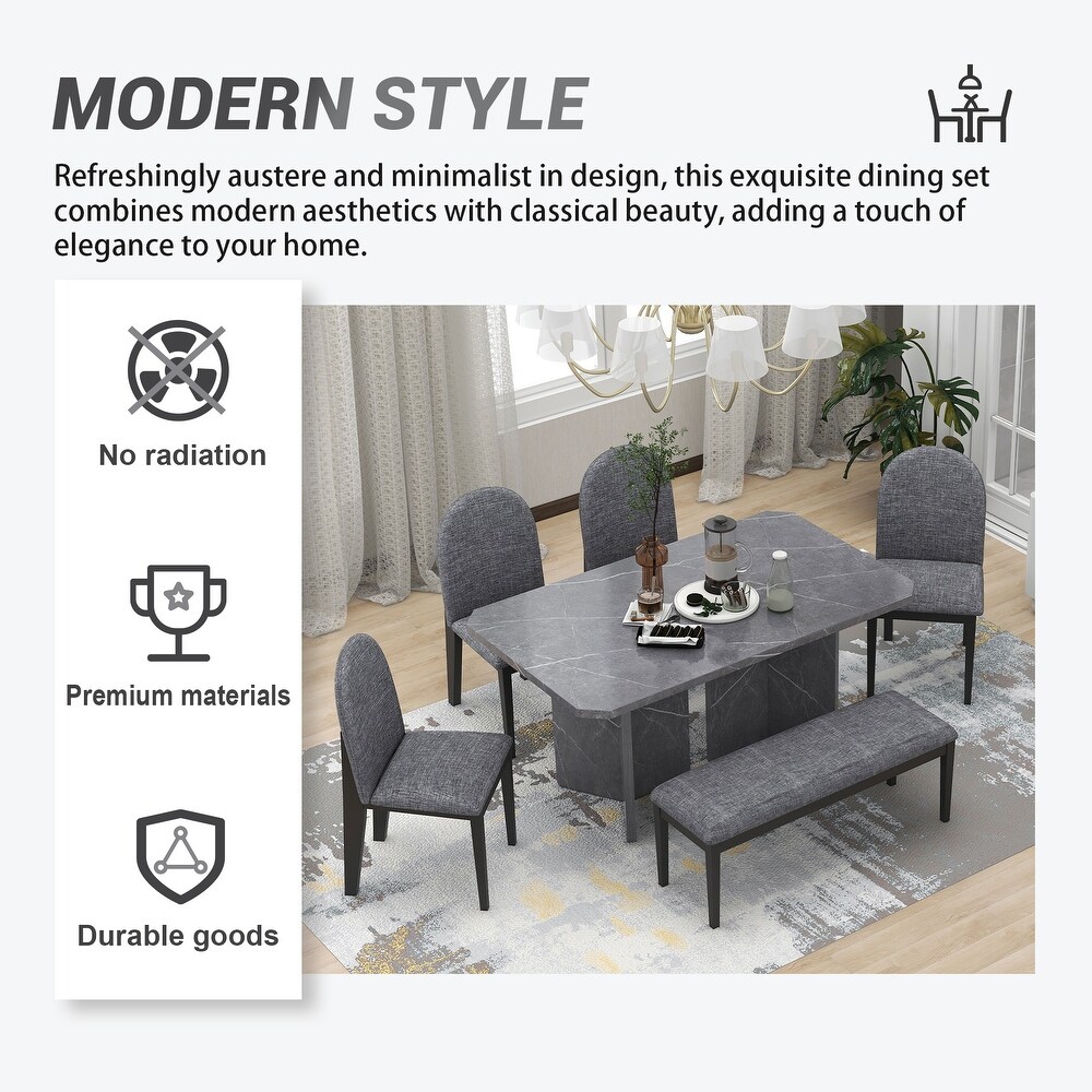 Modern 6 Piece Octagon Dining Set with Marble Table and Upholstered Dining Chairs   Bench Seating for Dining Room