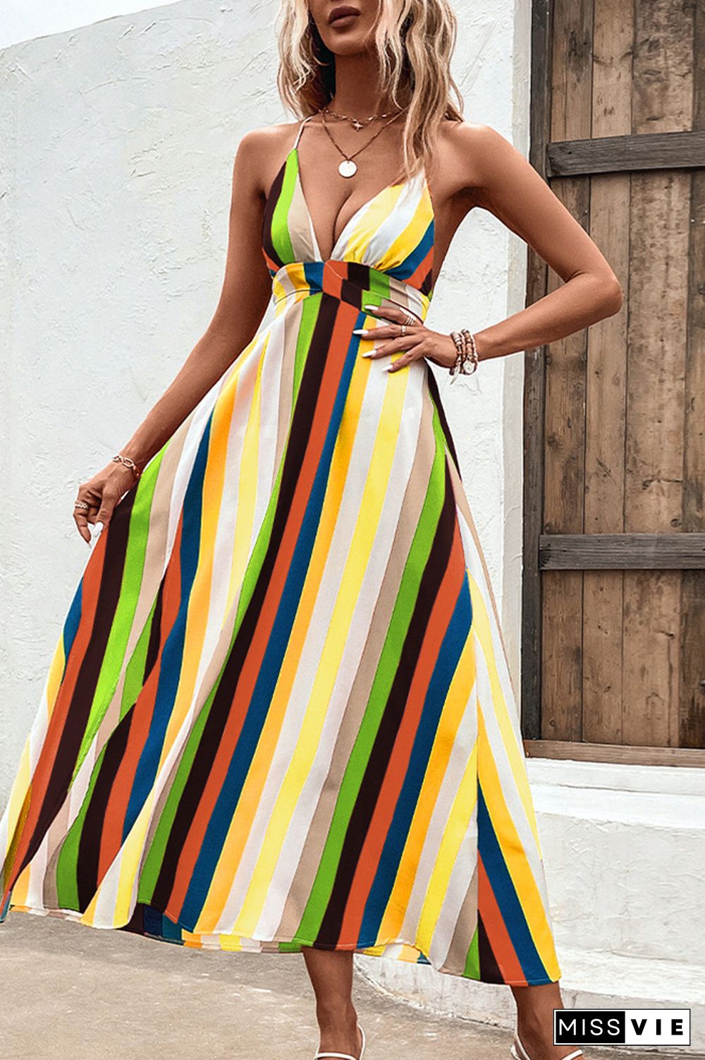 Multicolor Striped V Neck Spaghetti Strap Backless Maxi Dress