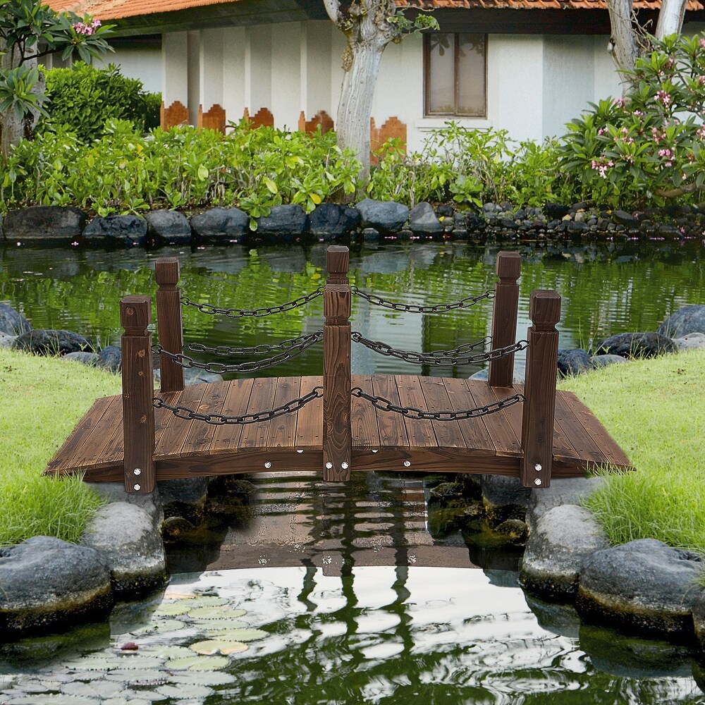 Outsunny 5ft Wooden Garden Bridge Arc Stained Finish Walkway with Chain Railings  Stained Wood