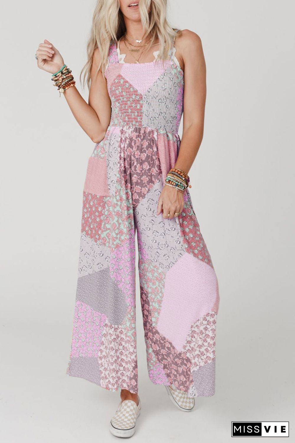 Pink Irregular Patchwork Print Smocked Wide Leg Jumpsuit