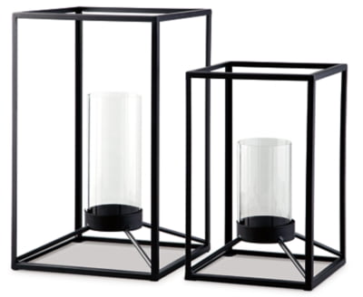 Signature Design by Ashley Dimtrois Metal 2 Piece Indoor and Outdoor Candle Lanterns， Black