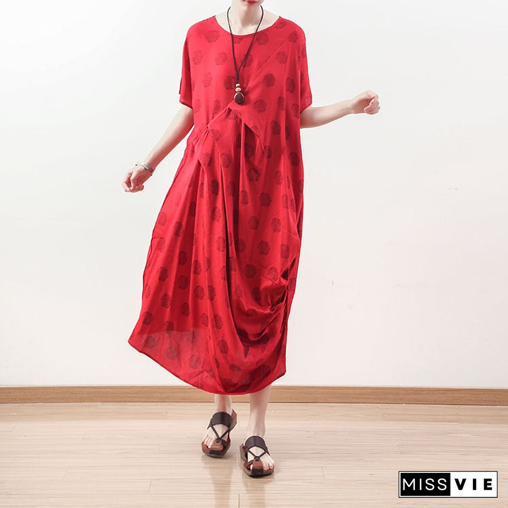 boutique red dotted natural linen dress oversized draping traveling clothing casual o neck maxi dresses