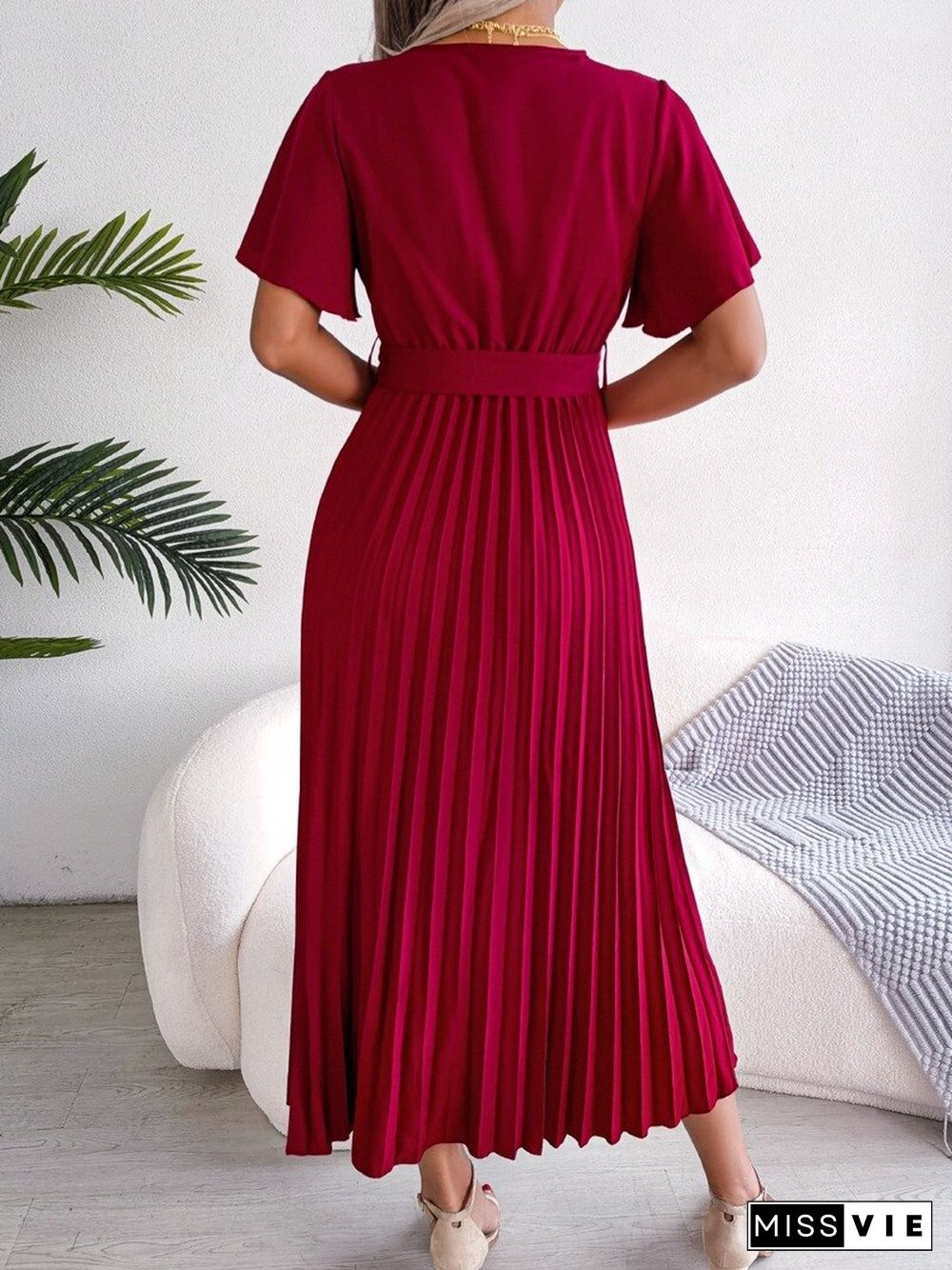 Elegant Fashion Pleated Dress For Women Summer Dresses New Cross V-Neck Lace-up Short Sleeve Solid Swing Maxi Dress