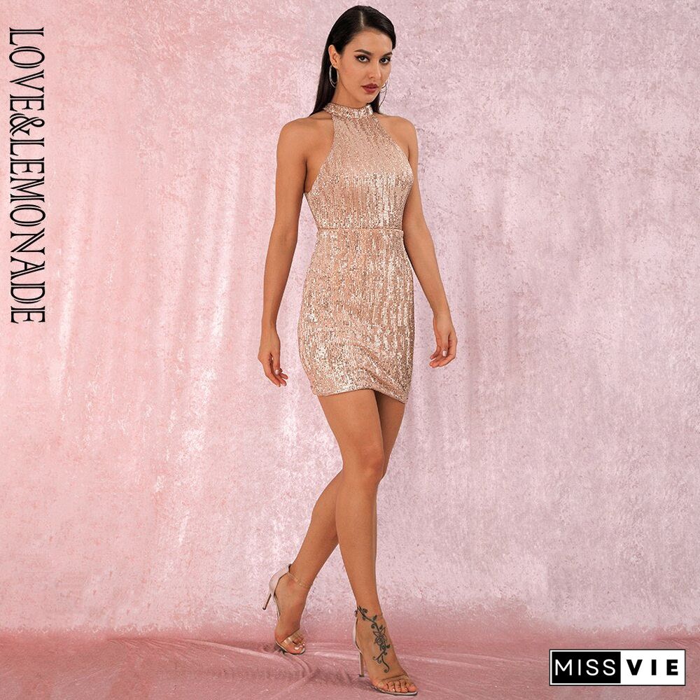 Love&Lemonade Rose Gold Sexy Open Back Halter Dry Shoulder Slim Elastic Sequin Mini Party Dress Lm80492Mini